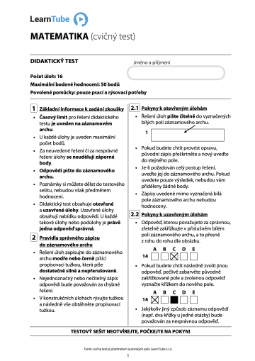 Ukázka cvičného testu z matematiky