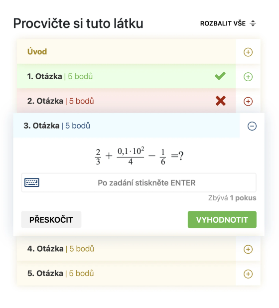 Ukázka kvízu s matematickou úlohou, polem pro odpověď a vyhodnocením předchozích otázek