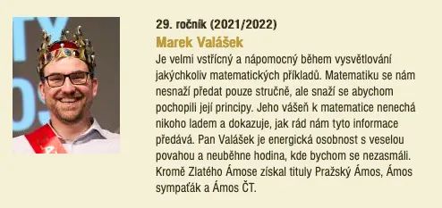 Marek Valášek, vítěz Zlatého Ámose 2022, s hodnocením od svých žáků