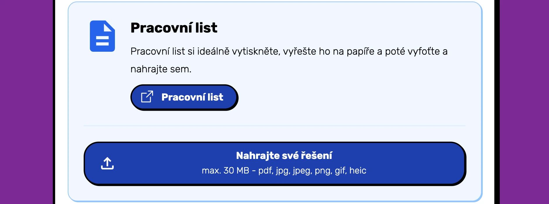 Ukázka pracovního listu v aplikaci a prostoru pro nahrání řešení