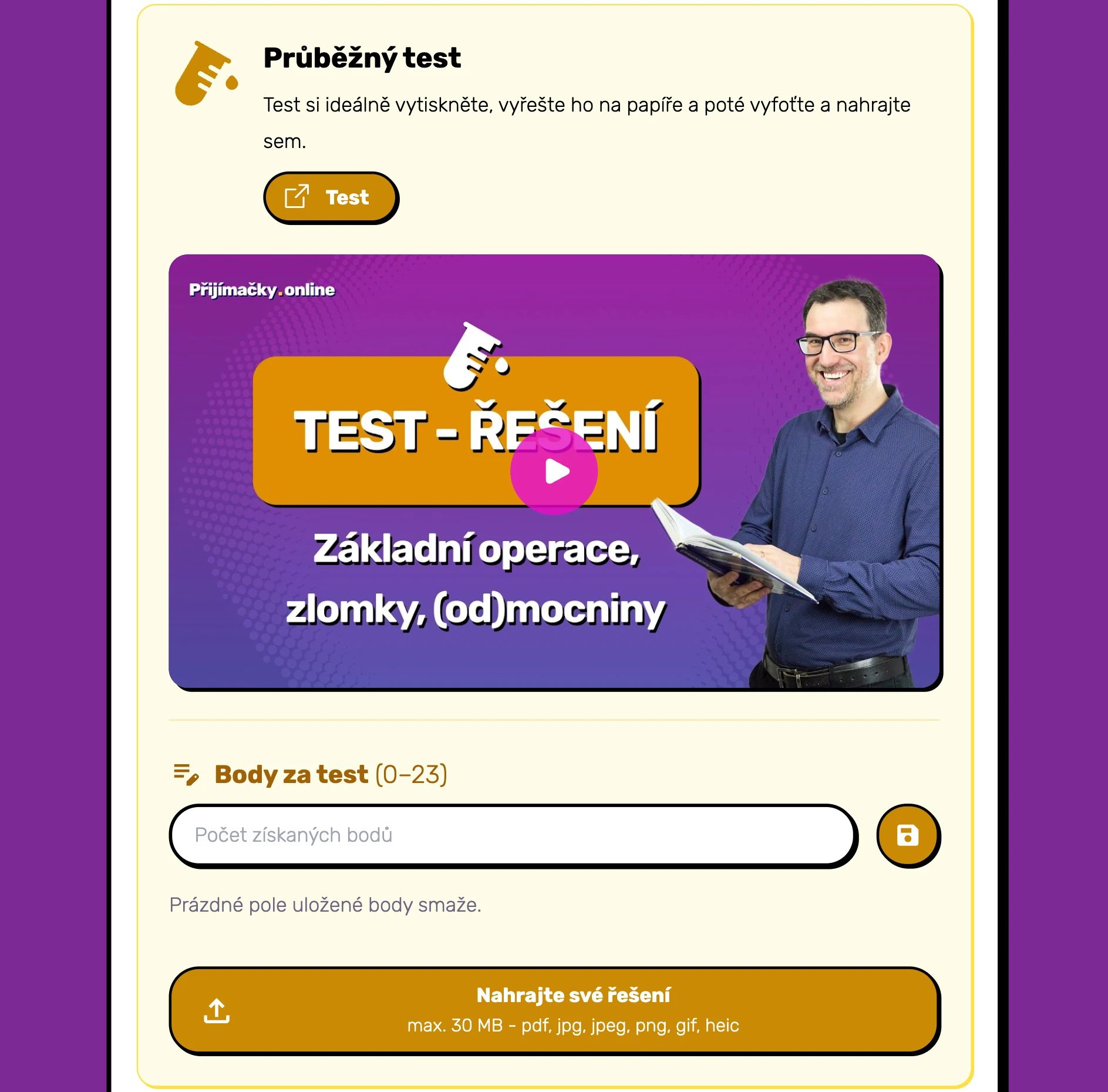 Ukázka průběžného testu, jeho videořešení a zadání výsledku v aplikaci