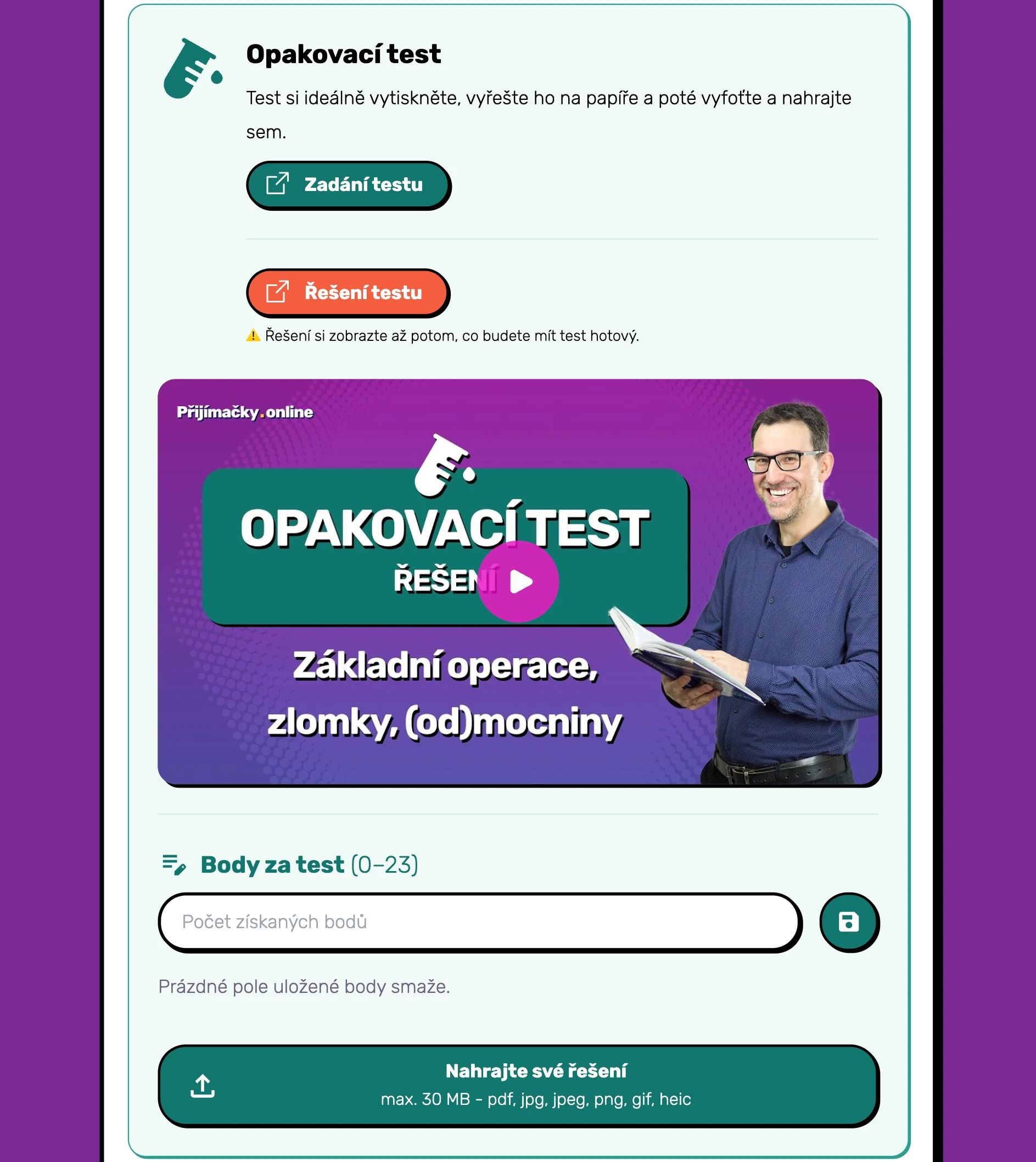 Ukázka opakovacího testu se zadáním, řešením a uložením výsledku
